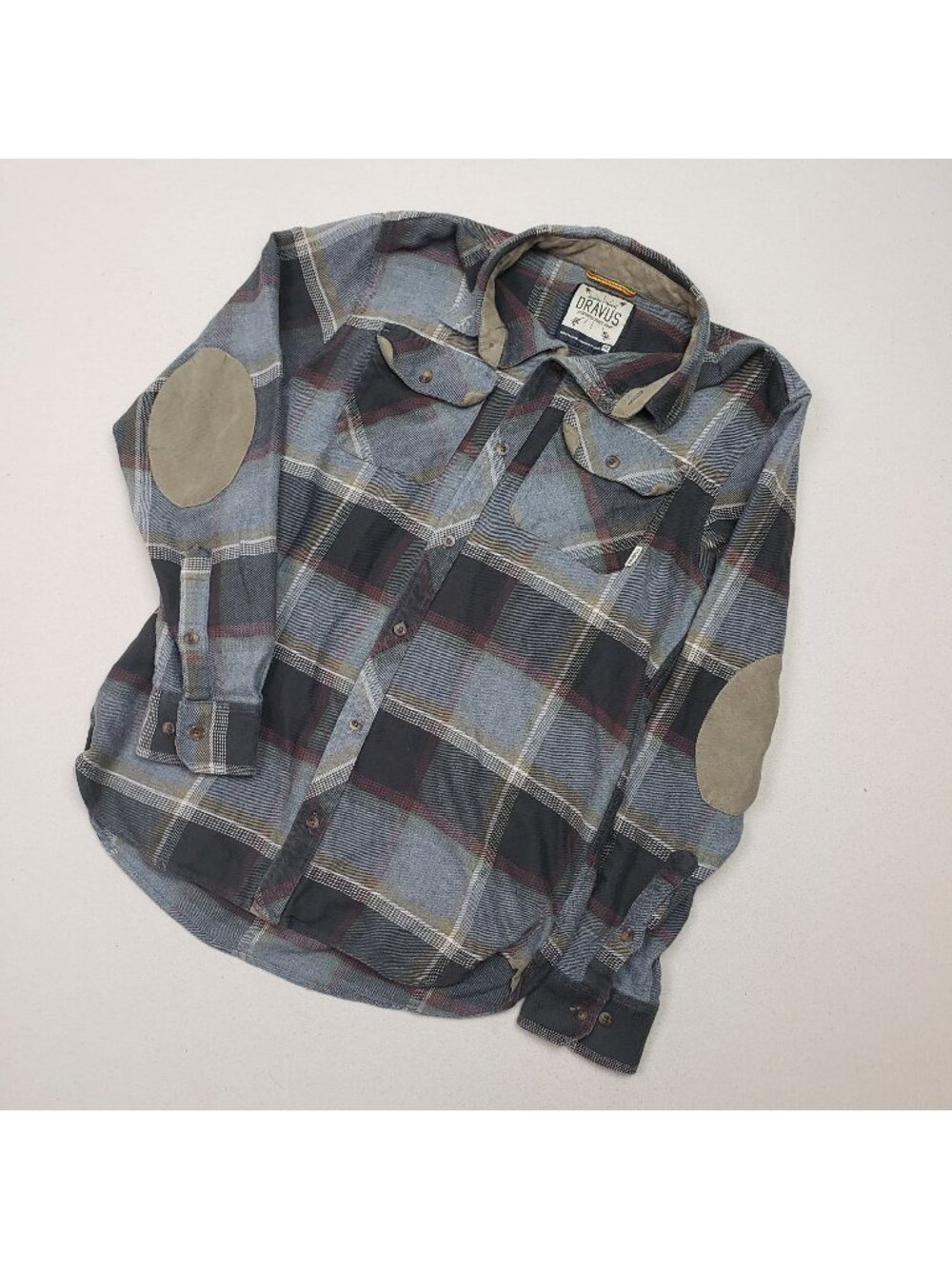 Dravus Men's Plaid Flannel Shirt Black/Tan/Red Soft Button Up Elbow Patch Sz M